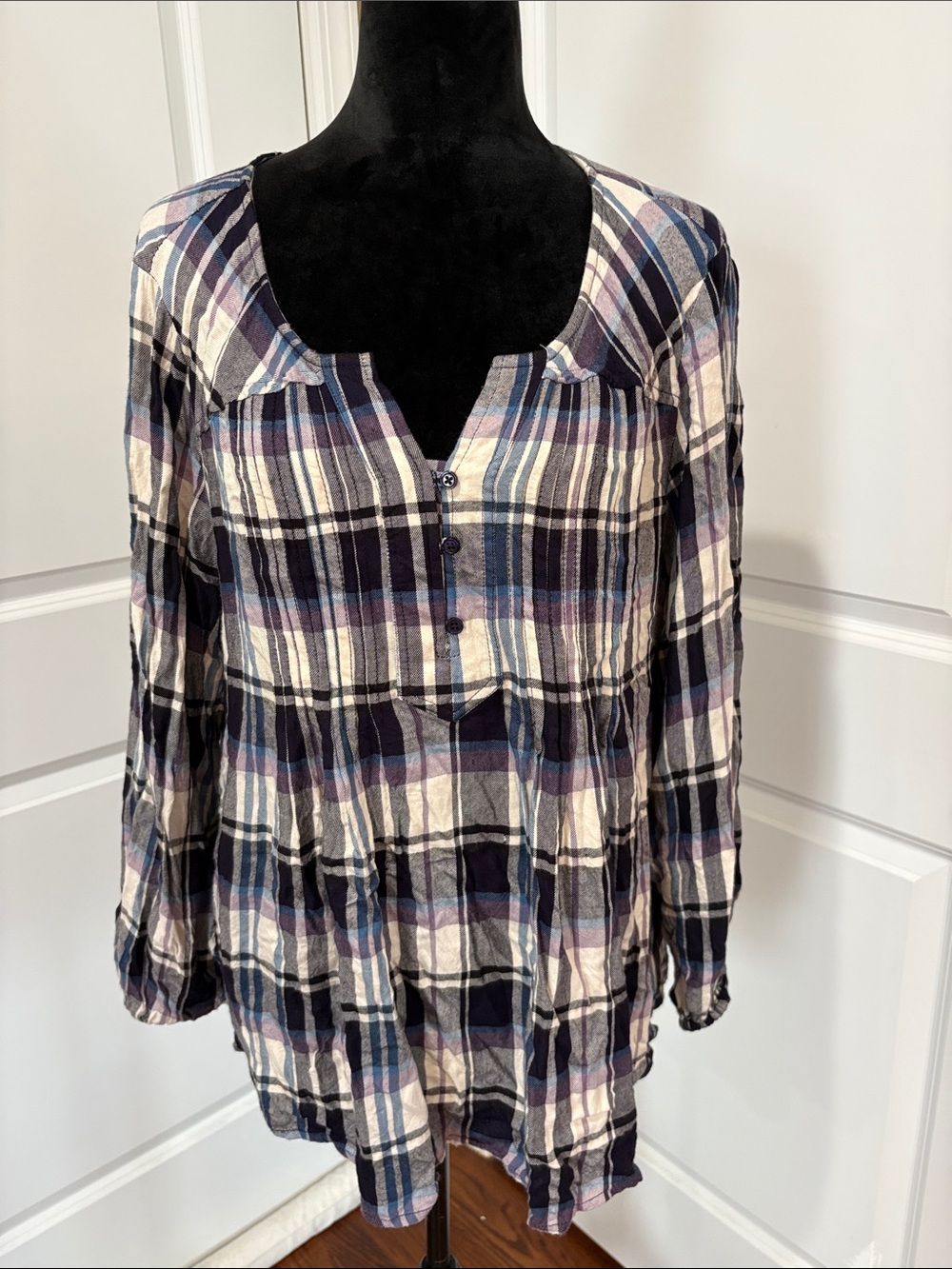 Style & Co. Navy, Cream & Lavender Plaid Button-Front Tunic